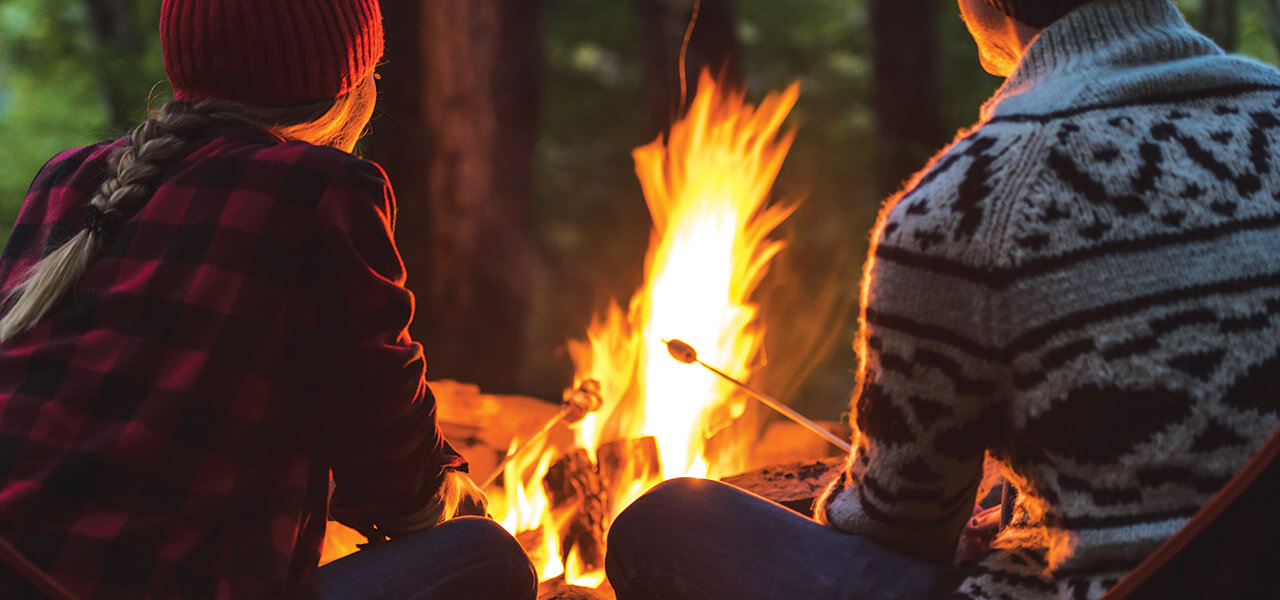 People roast s'mores by a fire