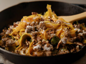 Skillet of Butternut Squash Ribbons with Sausage