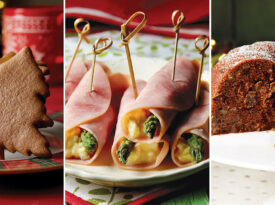 Collection of holiday recipes including Moravian cookies, German ham rolls, and Irish potato cake