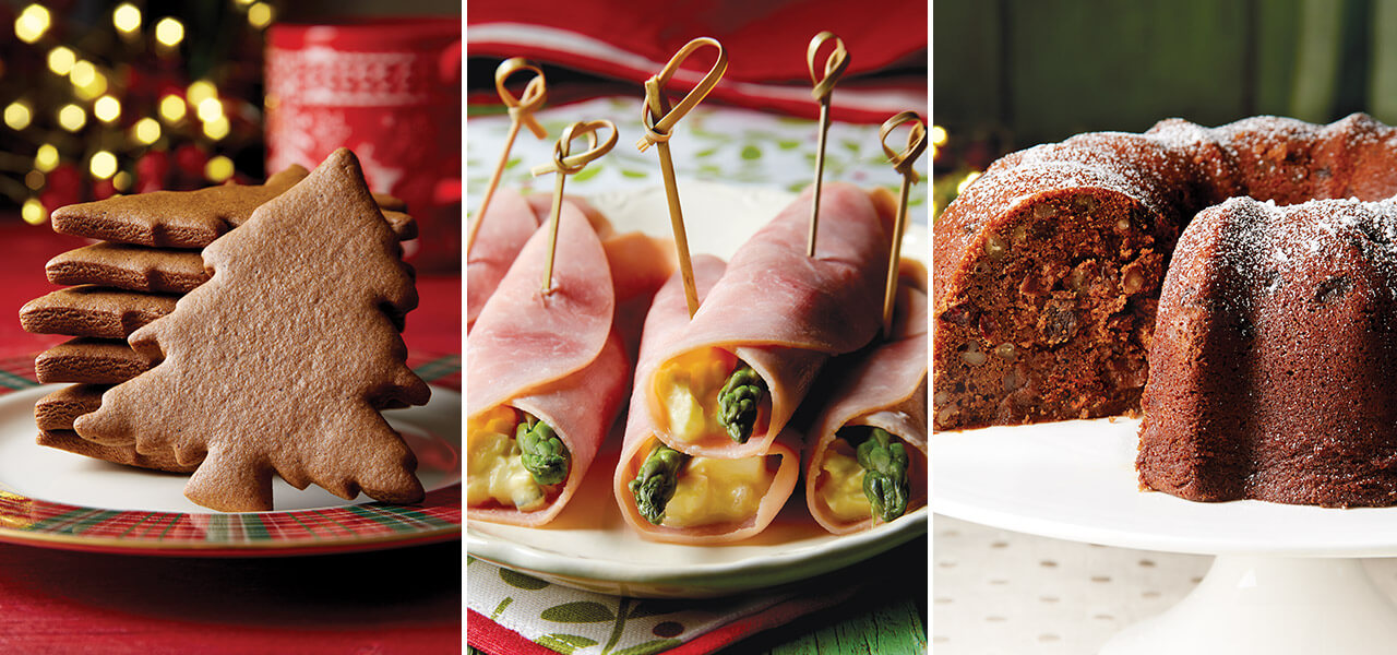 Collection of holiday recipes including Moravian cookies, German ham rolls, and Irish potato cake