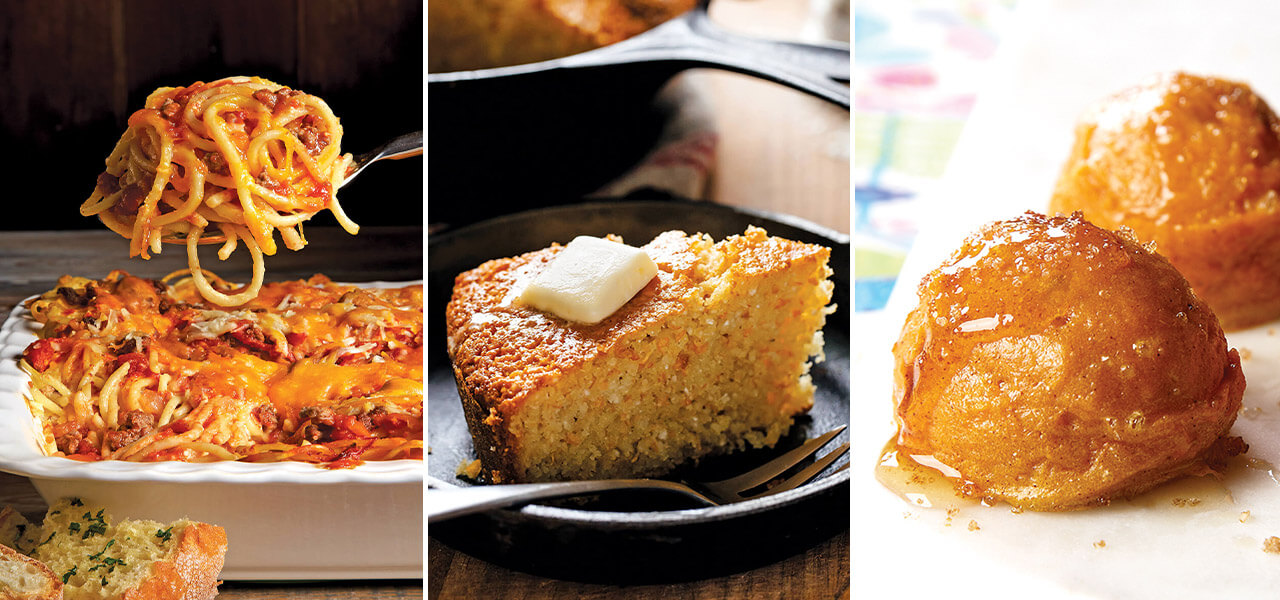 Popular November recipes include baked spaghetti, cornbread, and sweet potato puffs.