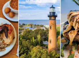 Barbecue and sides on a plate, Currituck Beach Lighthouse, and top seafood