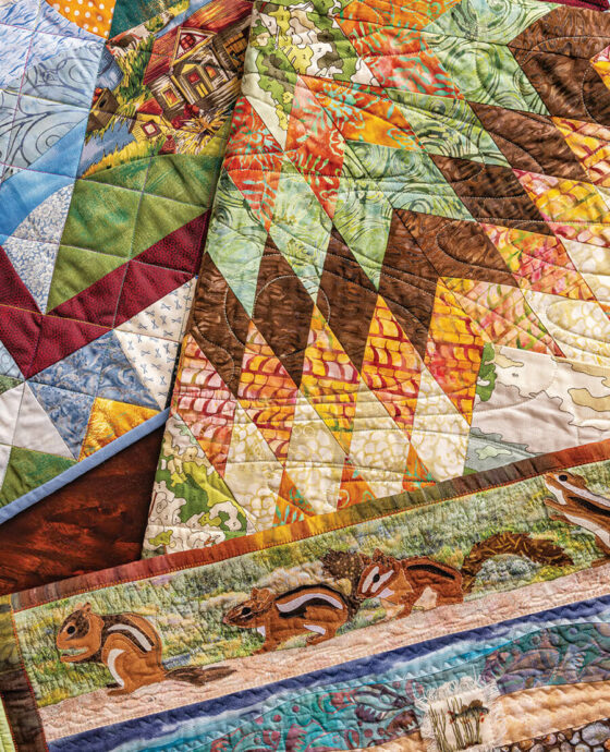 Bright, colorful patchwork quilts