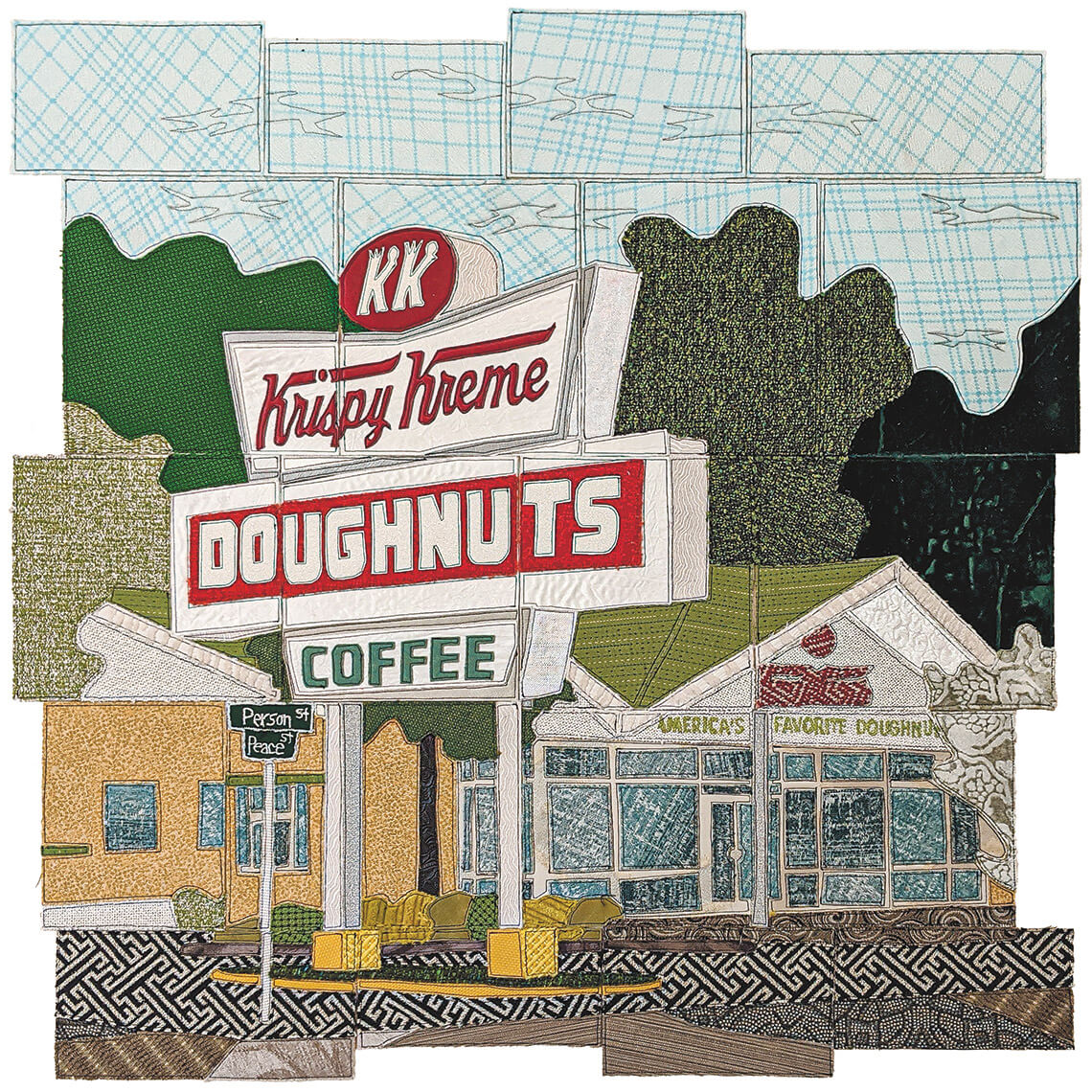 Caitlin Cary's needleprint of Krispy Kreme Doughnuts.