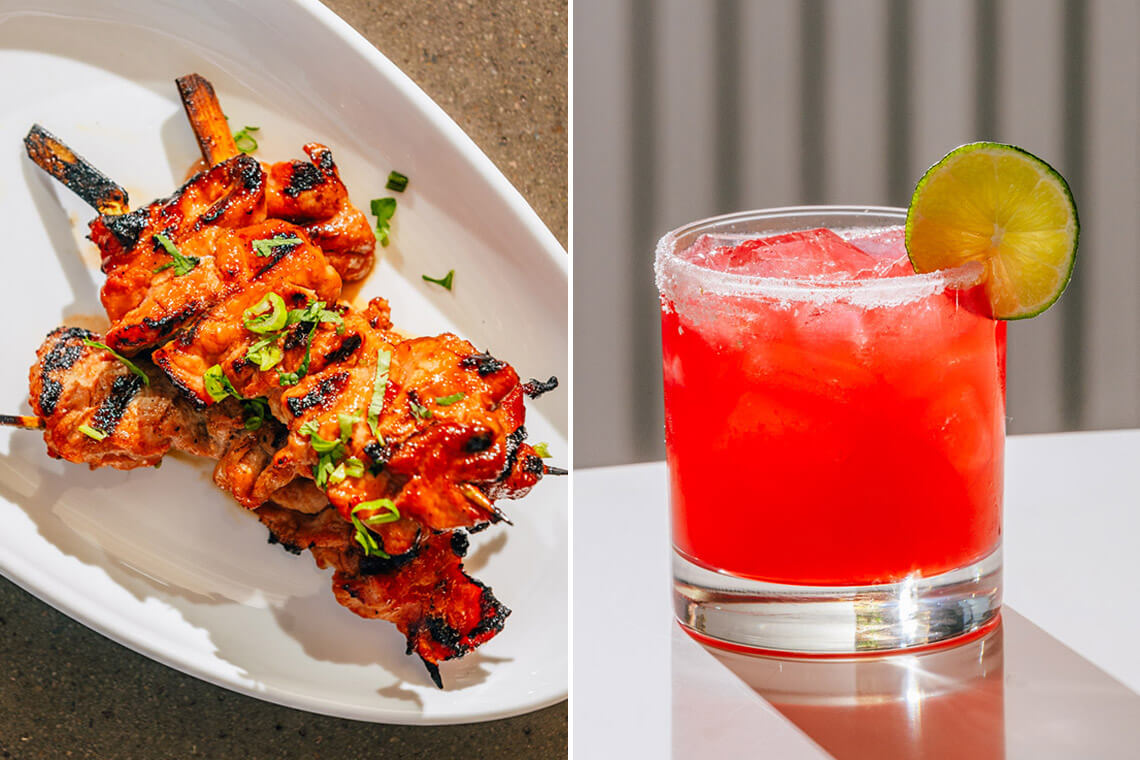 Tiger chicken skewers and cocktail from Saap, a Laotian restaurant in Cary, North Carolina.