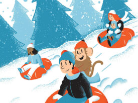 Illustration of children snow tubing down a mountain.