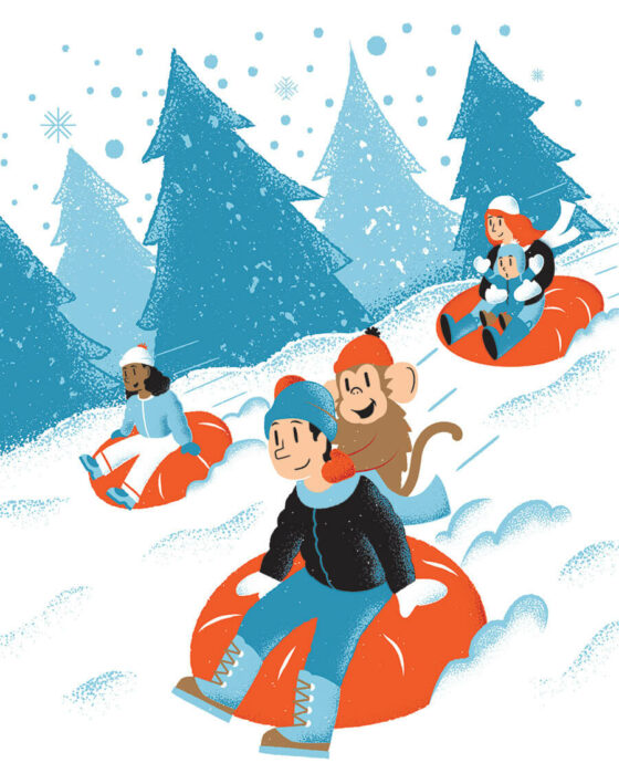 Illustration of children snow tubing down a mountain.