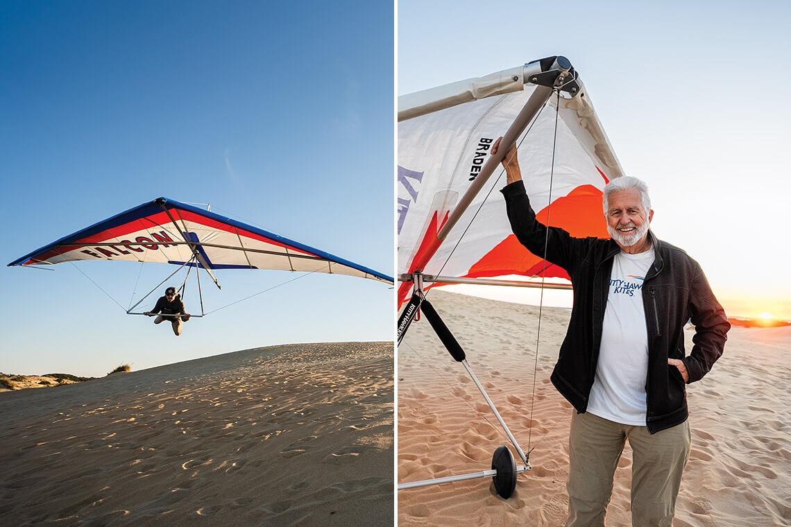Hang glider on Jockey's Ridge and John Harris, founder of Kitty Hawk Kites