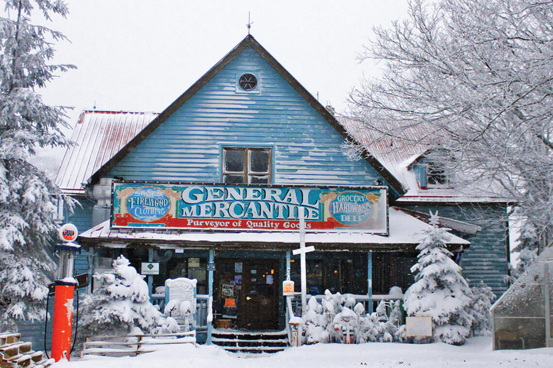 Snow covering Fred's General Mercantile in Beech Mountain, NC.