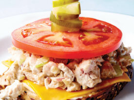 Open-face tuna melt with tomato and pickles
