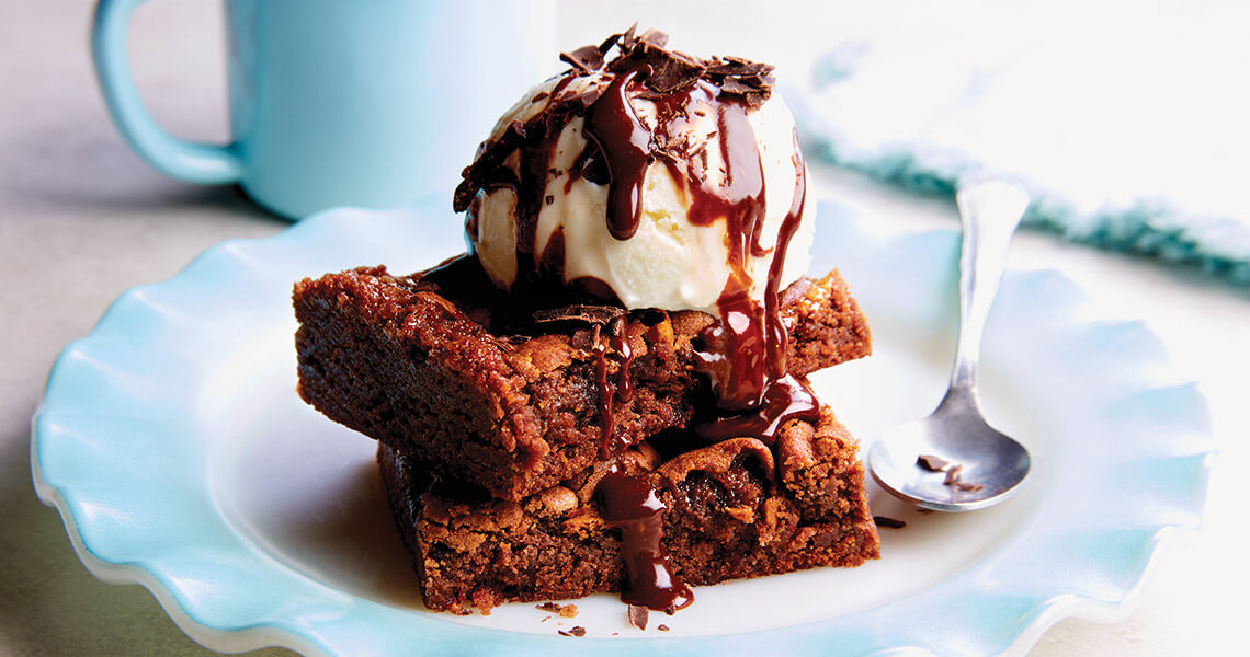 Brownies topped with ice cream and hot fudge