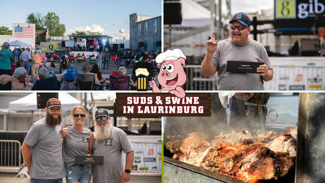 Suds & Swine Festival with live music, judge presenting award, winning pitmasters, and barbecue.