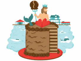 Poseidon on top of a chocolate layer cake, illustrating the Carolina Chocolate Festival
