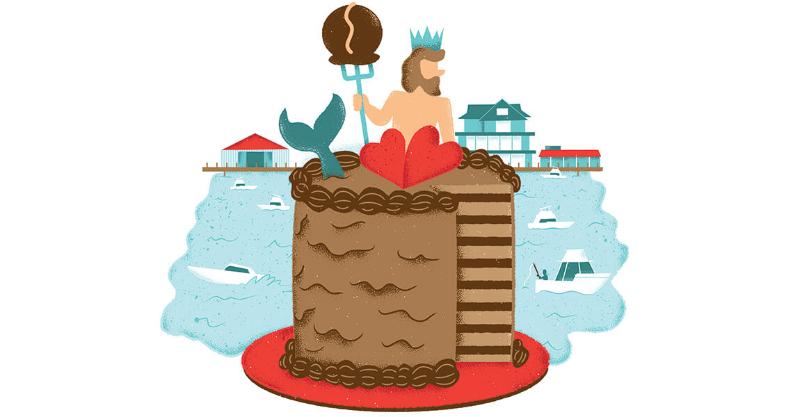 Poseidon on top of a chocolate layer cake, illustrating the Carolina Chocolate Festival