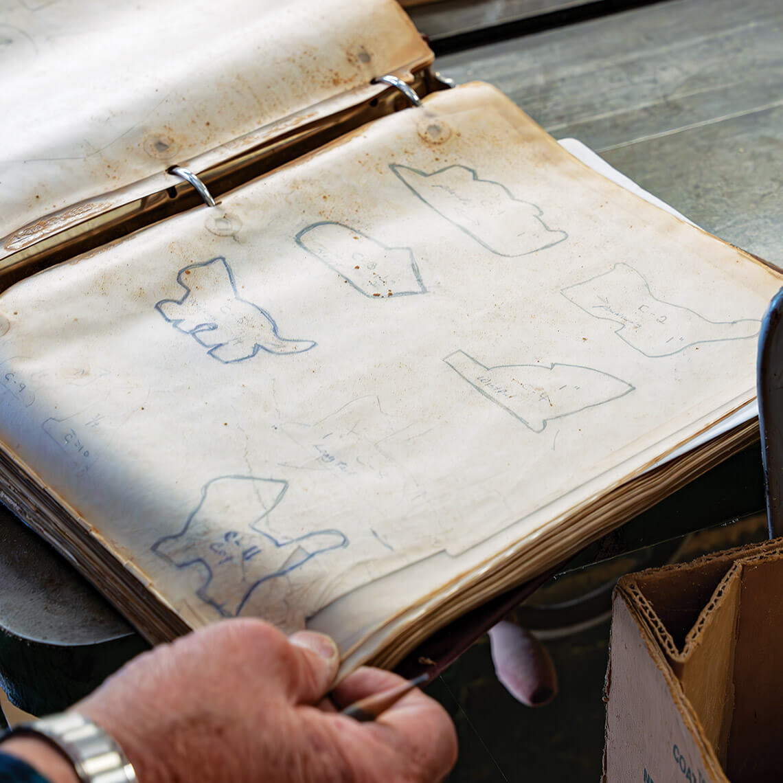 A sketchbook with figures to inspire the shape of the carvings, modeled after the early Brasstown Carvers' work.