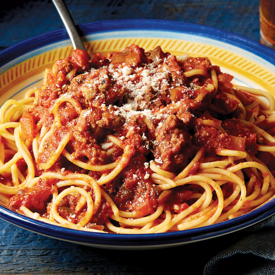bowl of spaghetti topped with author's sauce recipe