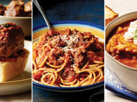 Focaccia topped with meatballs, bowl of spaghetti with sauce, bowls of lasagna soup