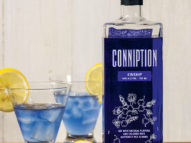 2 glasses and bottle of Conniption Kinship Gin