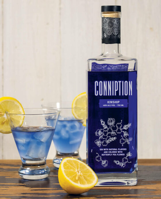 2 glasses and bottle of Conniption Kinship Gin