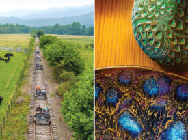 Passengers on the Andrews Valley Rail Tour; ceramic pieces at the Valley River Arts Gallery in Murphy.