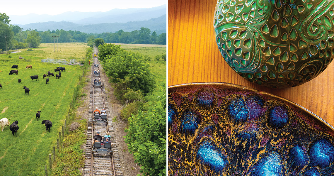 Passengers on the Andrews Valley Rail Tour; ceramic pieces at the Valley River Arts Gallery in Murphy.
