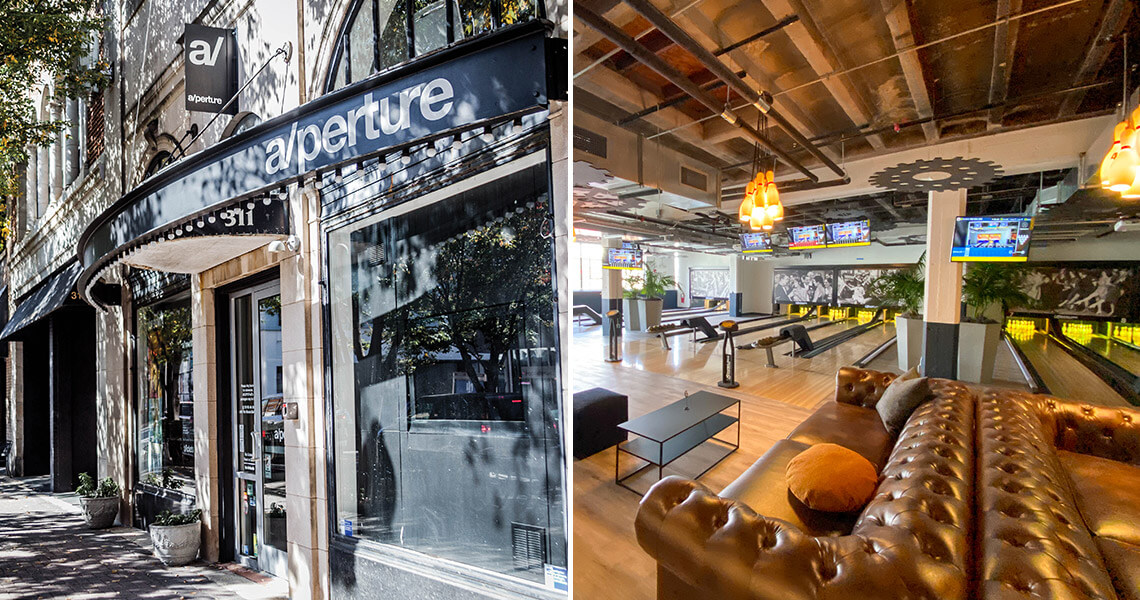 Entrance to a/perture and bowling alley at Roar, both located in Downtown Winston-Salem.