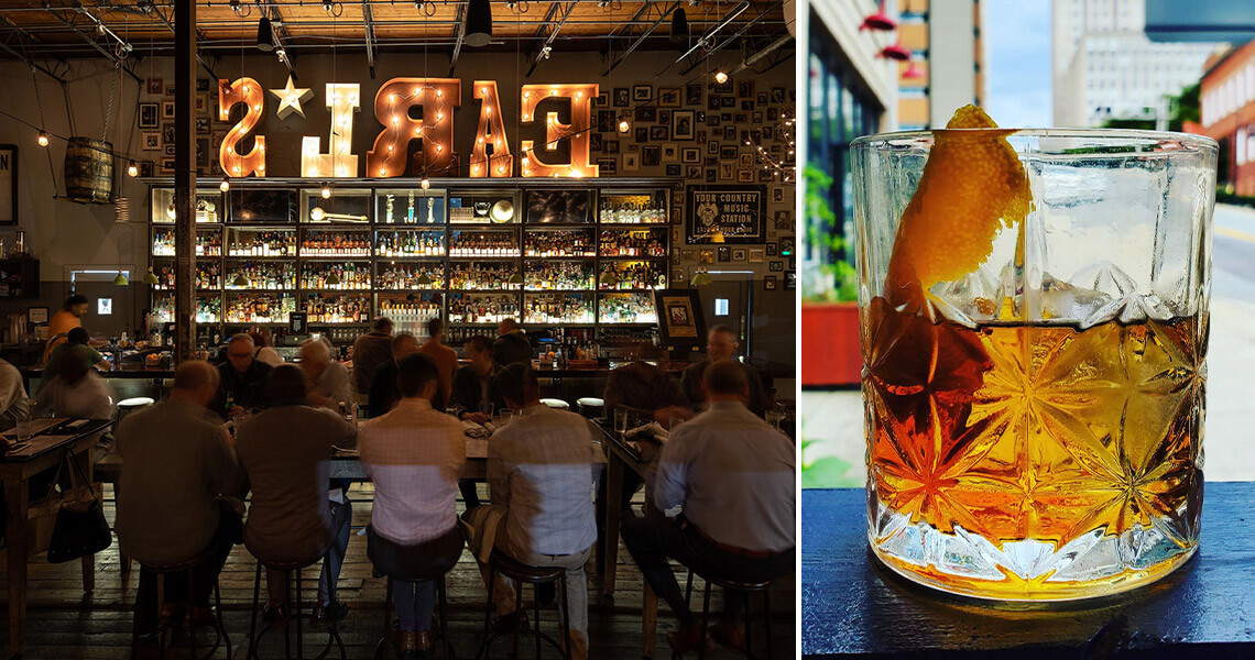 People sit around the bar at Earl's; craft old fashioned.