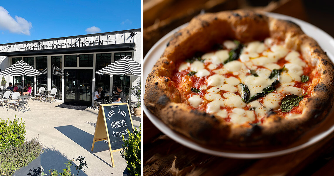 Entrance to Louie and Honey's Kitchen and Margherita pizza from Mission Pizza