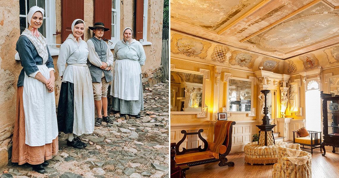 Historic interpreters at Historic Bethabara Park and interior of room at Körner's Folly, located in Winston-Salem suburb Kernersville.