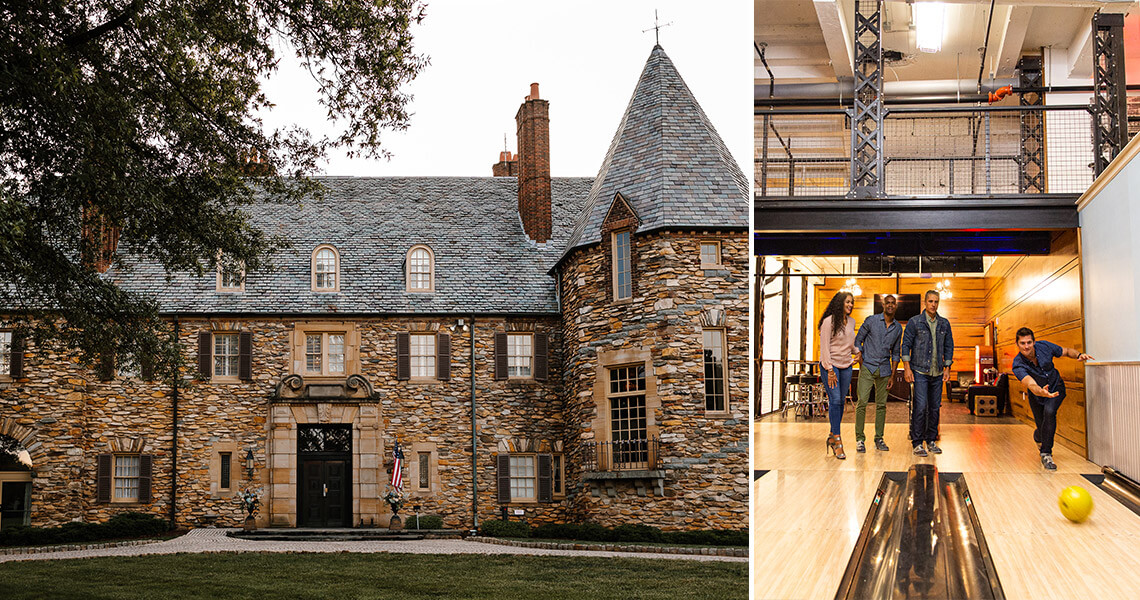 The entrance to Graylyn Estate and guests bowl at the Kimpton Cardinal Hotel.