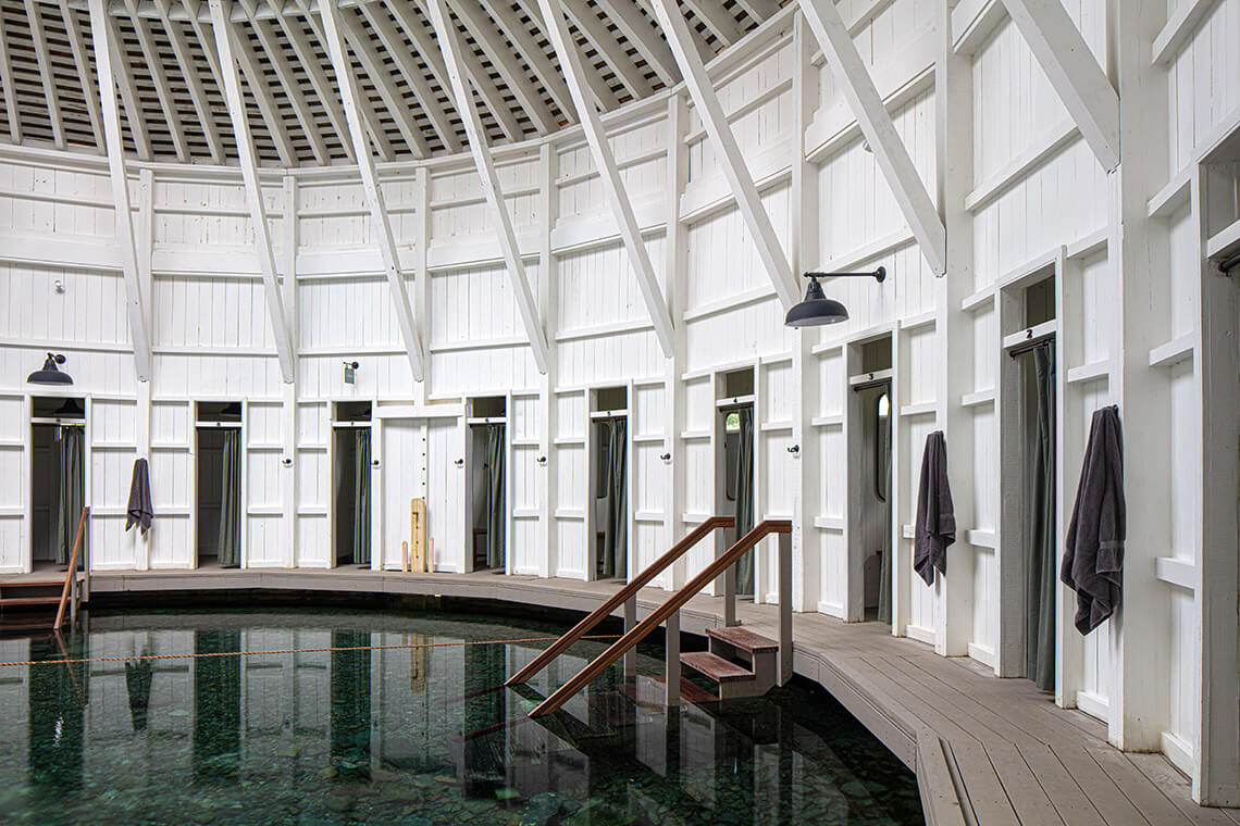 Inside the Warm Springs Pools bathhouse, located in Bath County, Virginia.