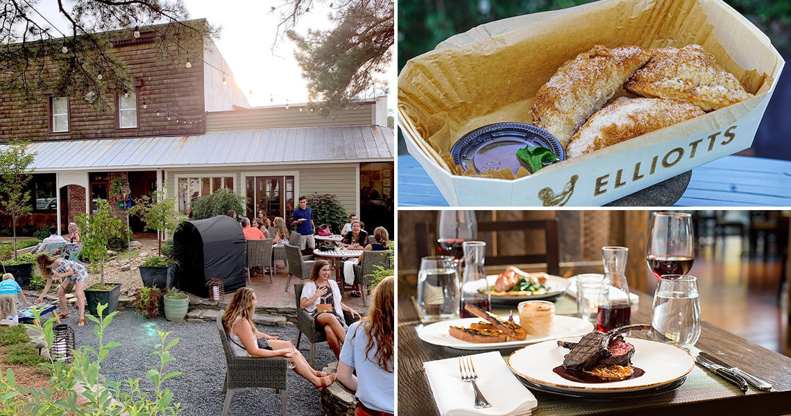 Elliots on Linden patio, fried pies, and dinner table.