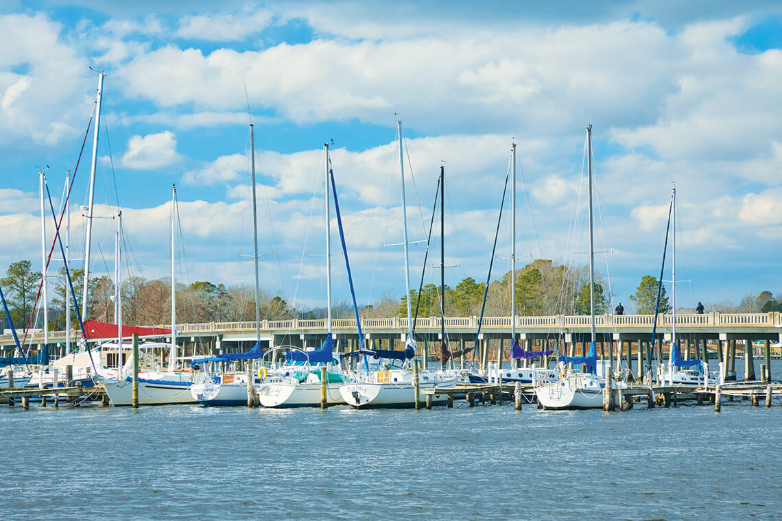 Boats docked at the Bath Harbor Marina in Bath, NC