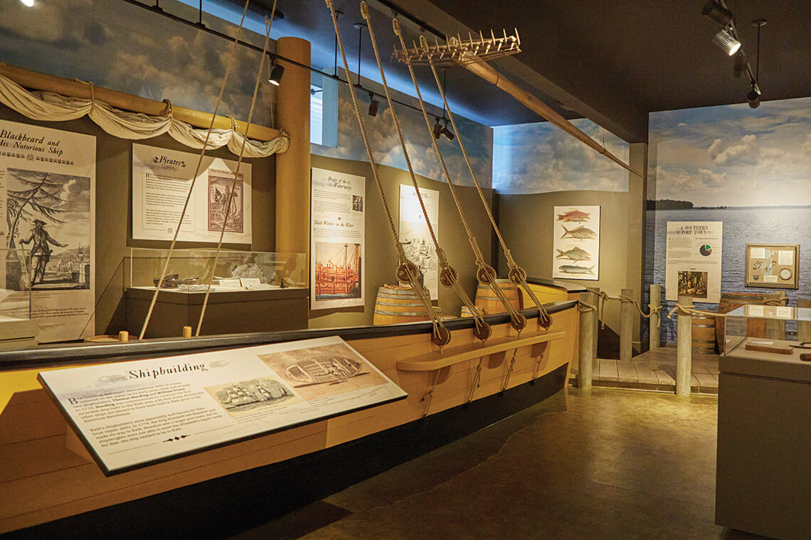 Displays on ships and Blackbeard at the Historic Bath Exhibit Center.