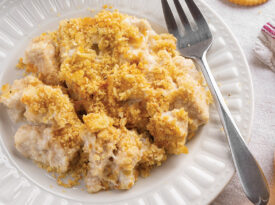 Plate of cheesy chicken casserole.