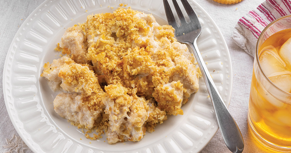 Plate of cheesy chicken casserole.