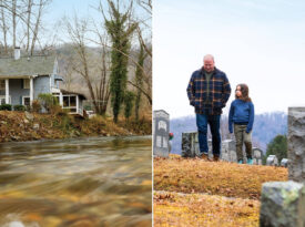 The author and his son walk through one of the cemeteries near their family home in Henderson County.