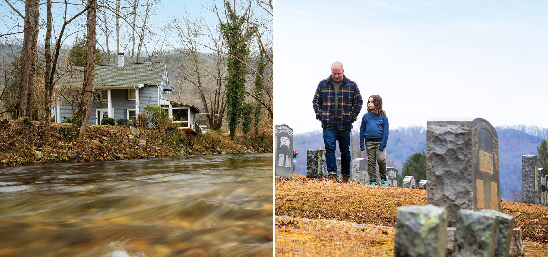 The author and his son walk through one of the cemeteries near their family home in Henderson County.
