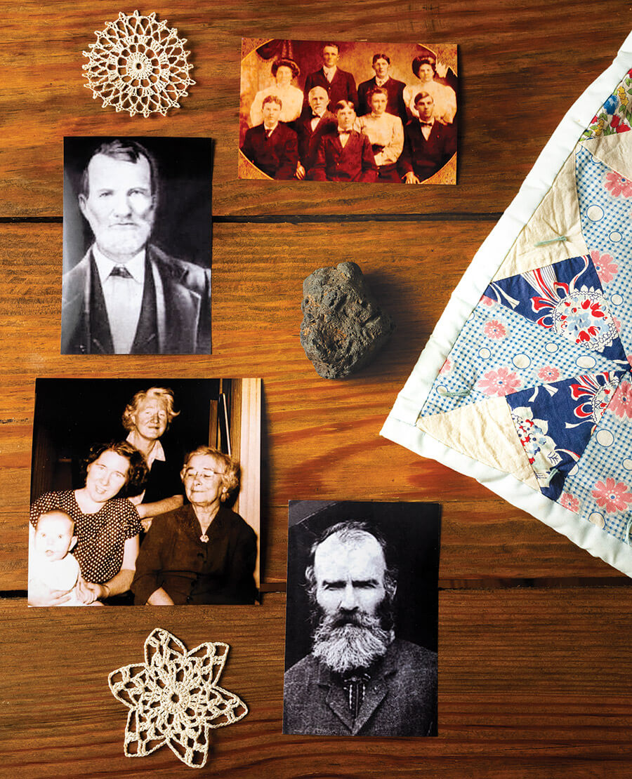 Faded photos of distant relatives — including Silas Sitton — delicate hand-stitched relics, and even a gnarled chunk of iron ore link the author’s family’s past to his present.
