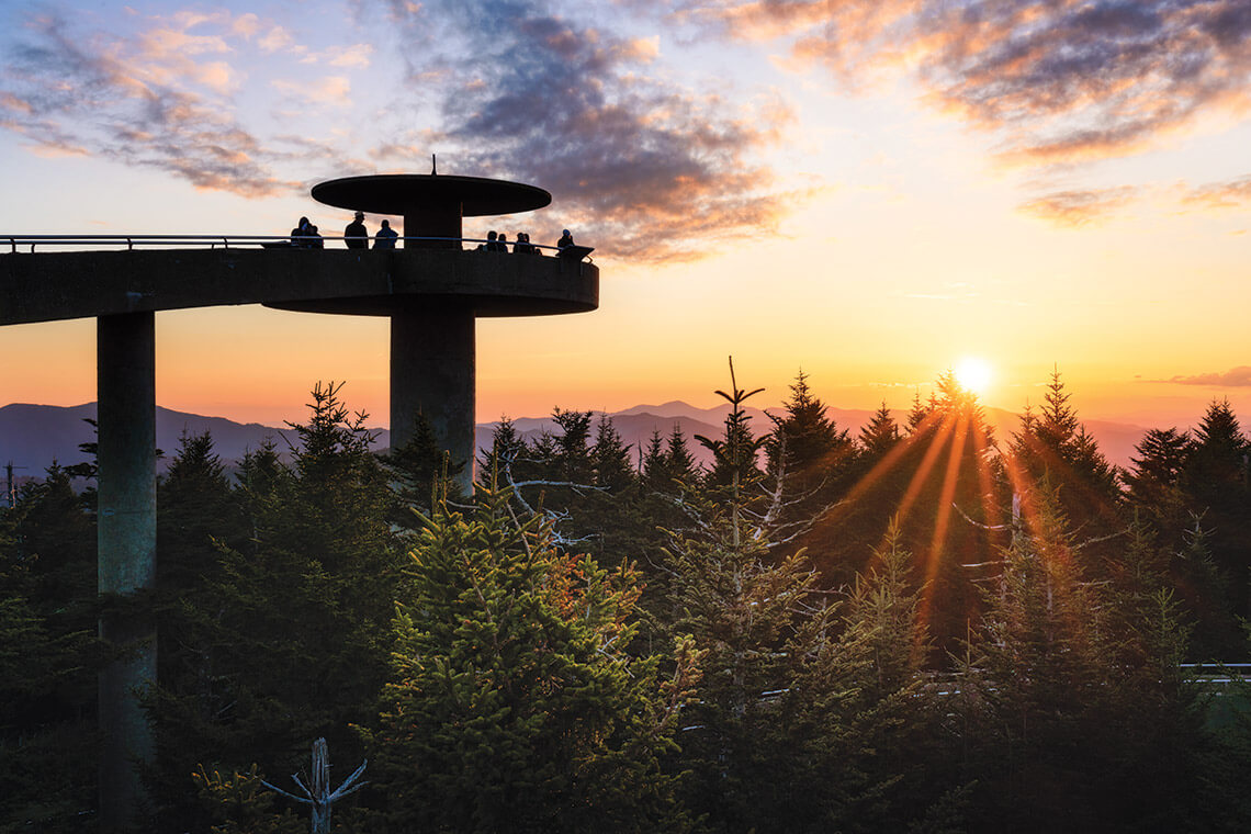 People view the sunset from the observation deck at Clingmans Dome