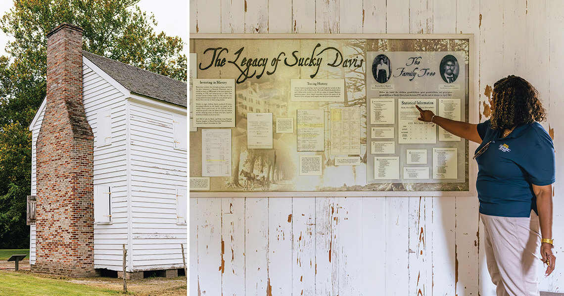 A board illustrates the legacy of enslaved resident Sucky Davis and the two-story building where she and her family members lived at Somerset Place.