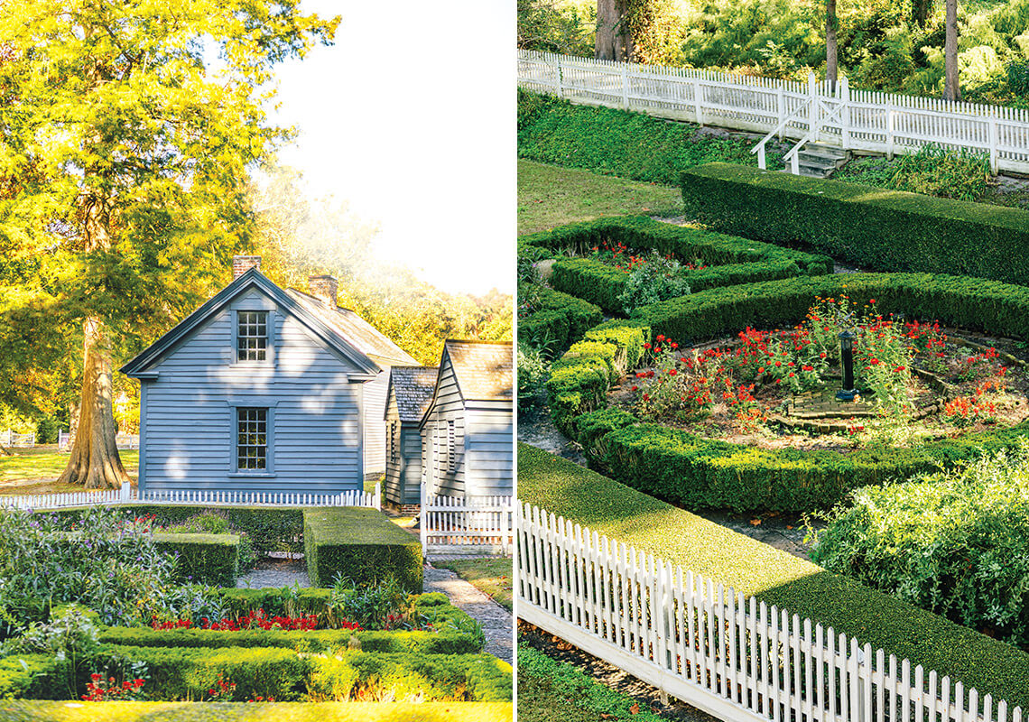 Gray outbuildings and the formal garden at Somerset Place