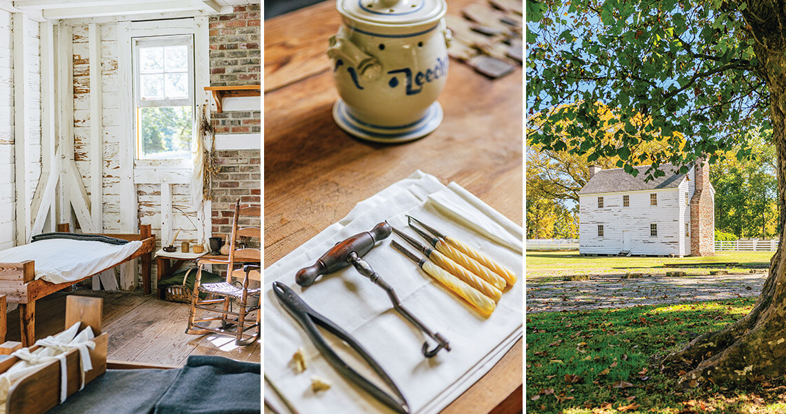 Bed inside Lake Hospital at Somerset Place and primitive medical instruments used to treat patients.