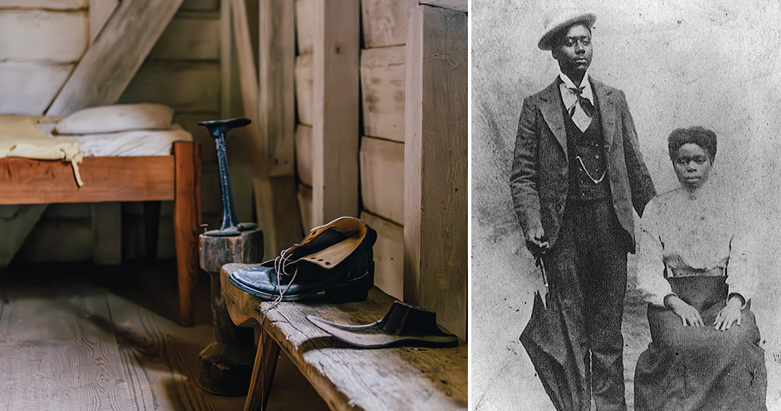 Black and white photo of Augusta Anna Carter Cabarrus and James Lemit Cabarrus Sr. and their preserved home at Somerset Place.