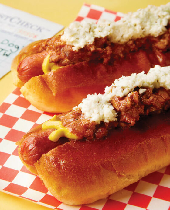 Carolina hot dogs topped with mustard, chili, and slaw