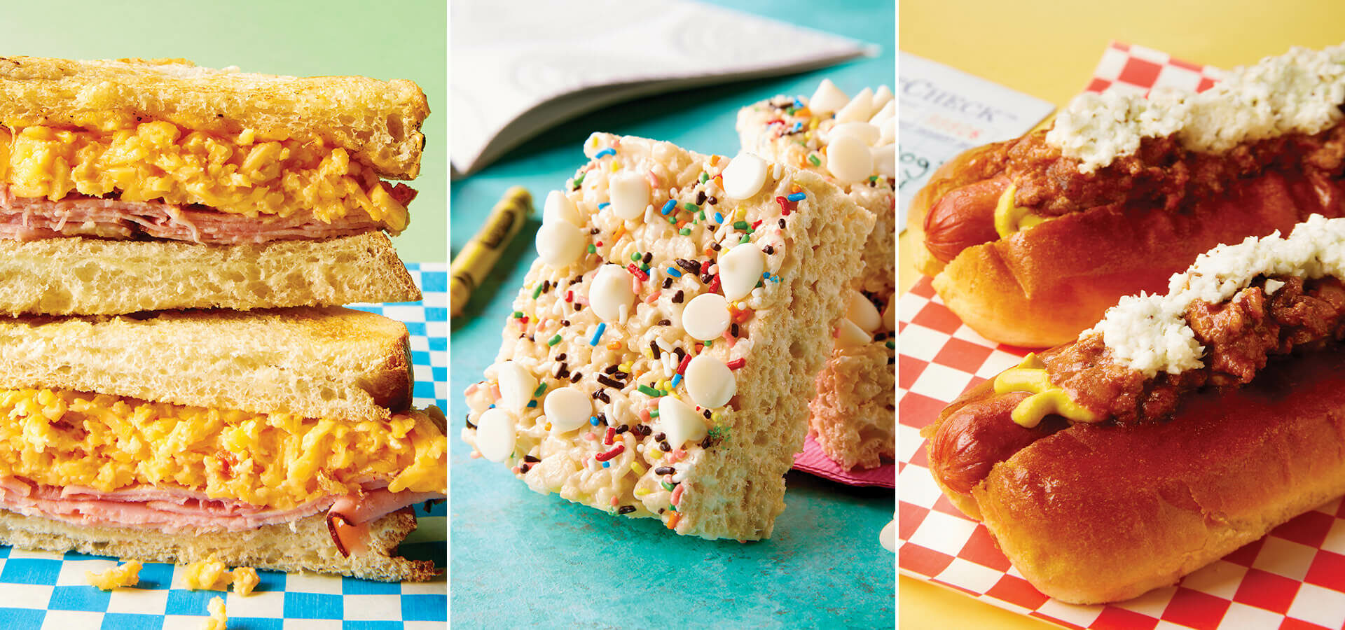Grilled pimento cheese and ham sandwiches, crispy rice treats, and Carolina hot dogs