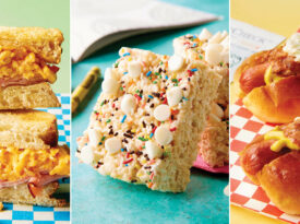 Grilled pimento cheese and ham sandwiches, crispy rice treats, and Carolina hot dogs