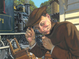 Illustration of a man stealthily boarding a train