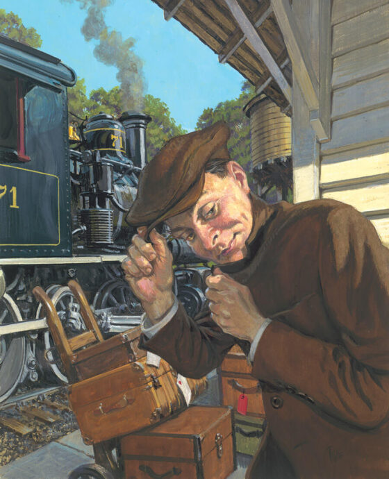 Illustration of a man stealthily boarding a train