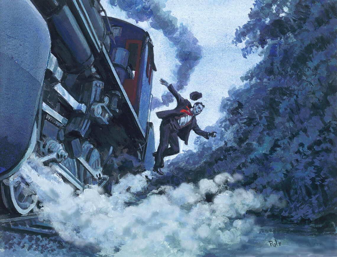 Illustration of a man jumping off a train